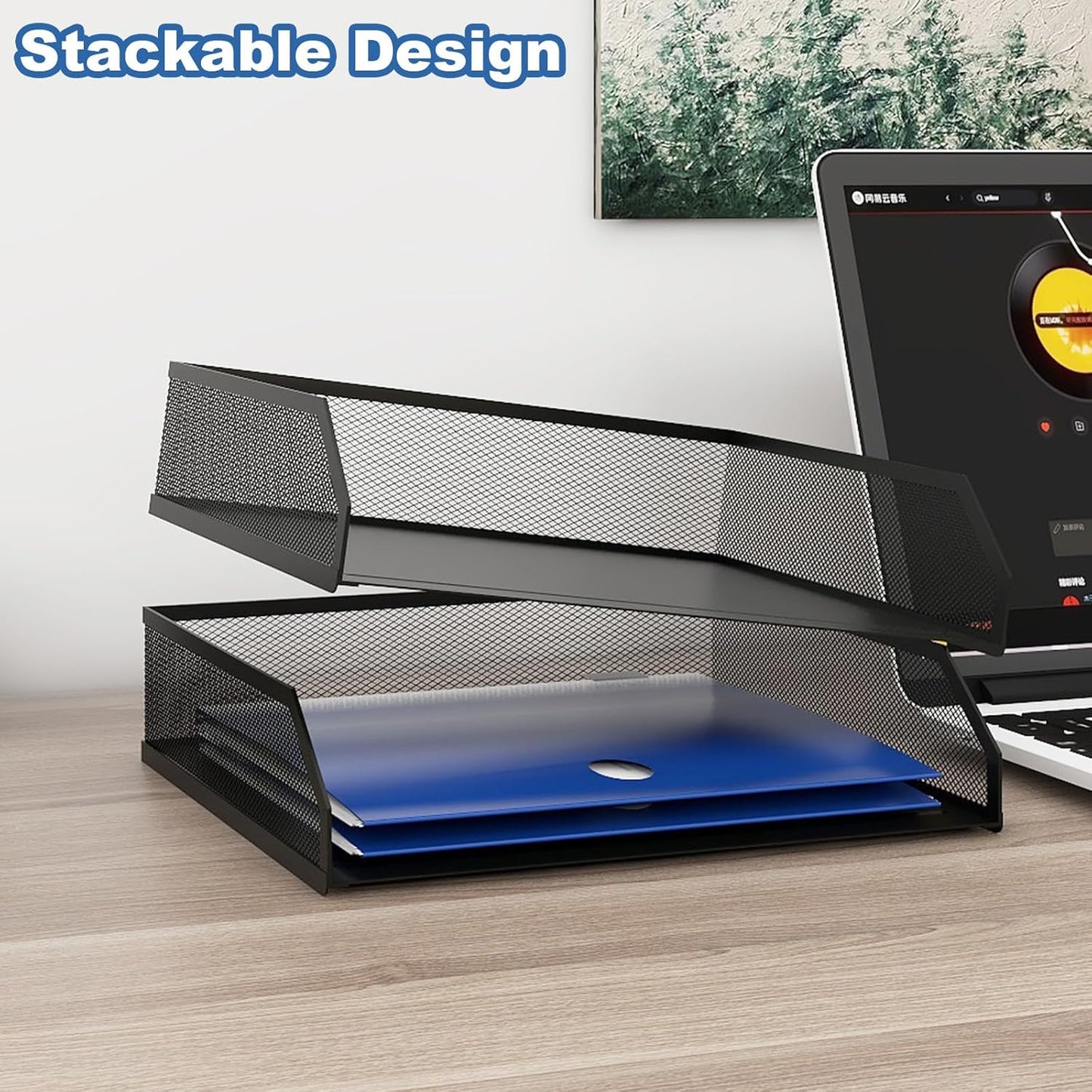Natwind 2-Tier Stackable Paper Tray, Metal Mesh Desktop Organizer, A4 Desk Organizer, Stackable Letter Trays,File Folder Sorter Organizer with Sliding Tray for Home, Office, School (Black)