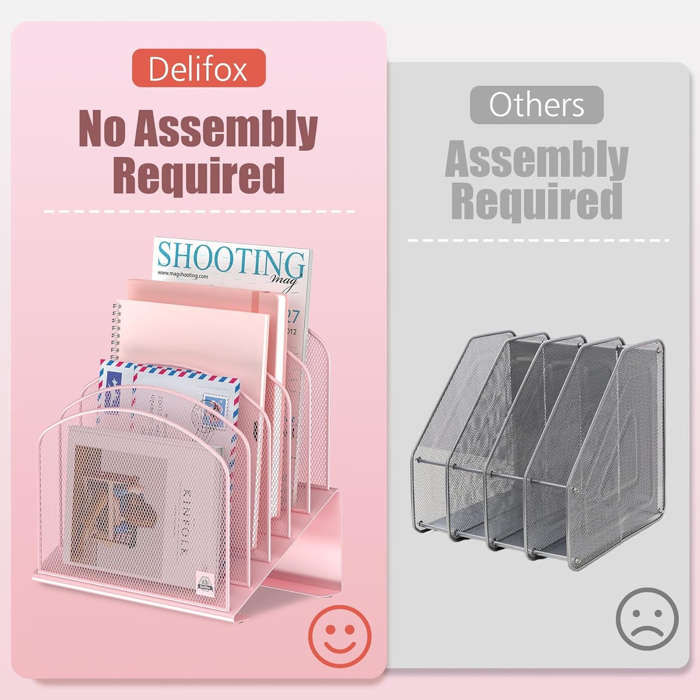 Inclined Desk File Organizer, 5-Section Vertical File Folder Holder Stand Metal Rack File Sorter for Office Classroom Desktop Organization (Pink, 2Pack)