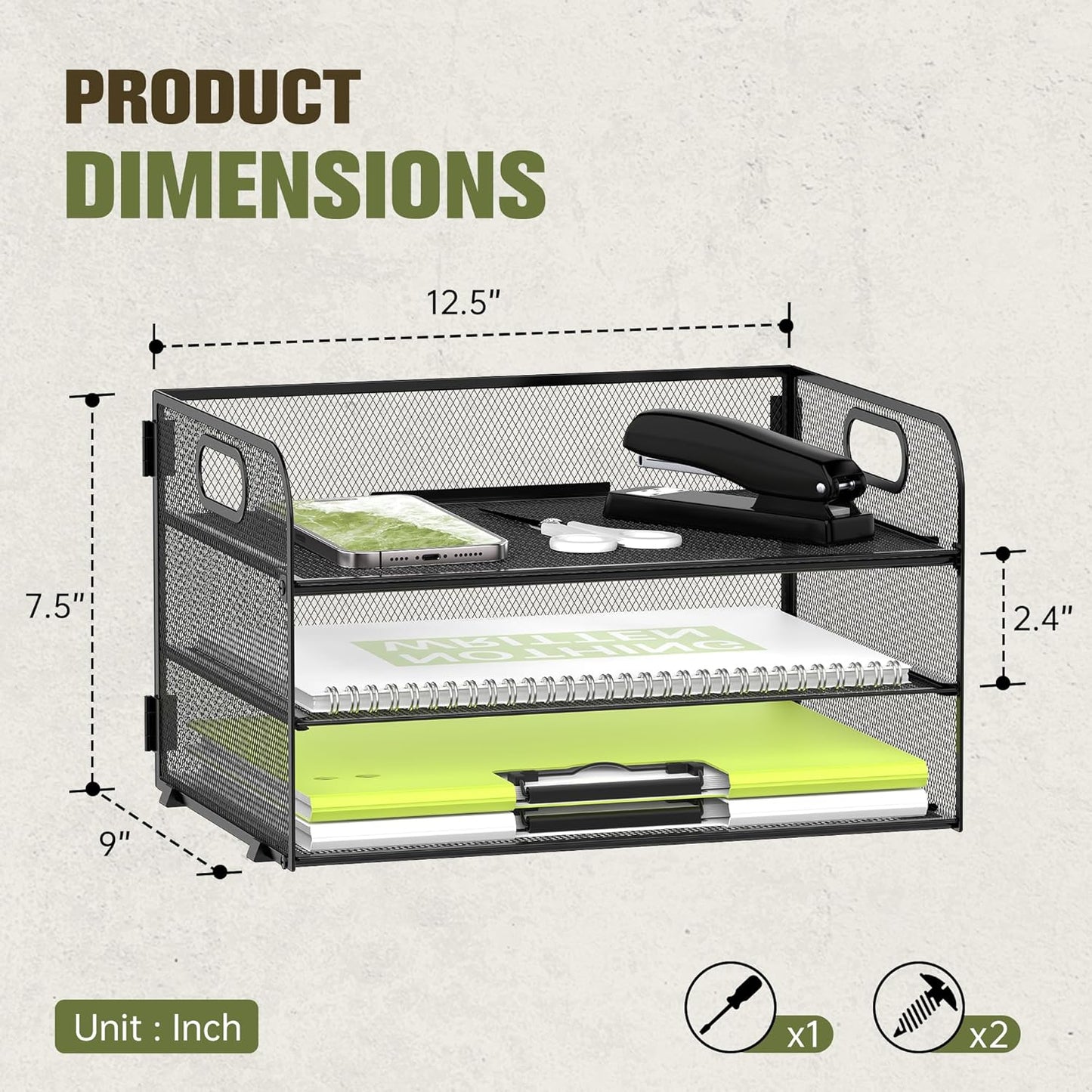 Daltrack 3-Tier Mesh Desk Organizer with Handle - Paper Tray Organizer for A4 Files, Black 2 Pack