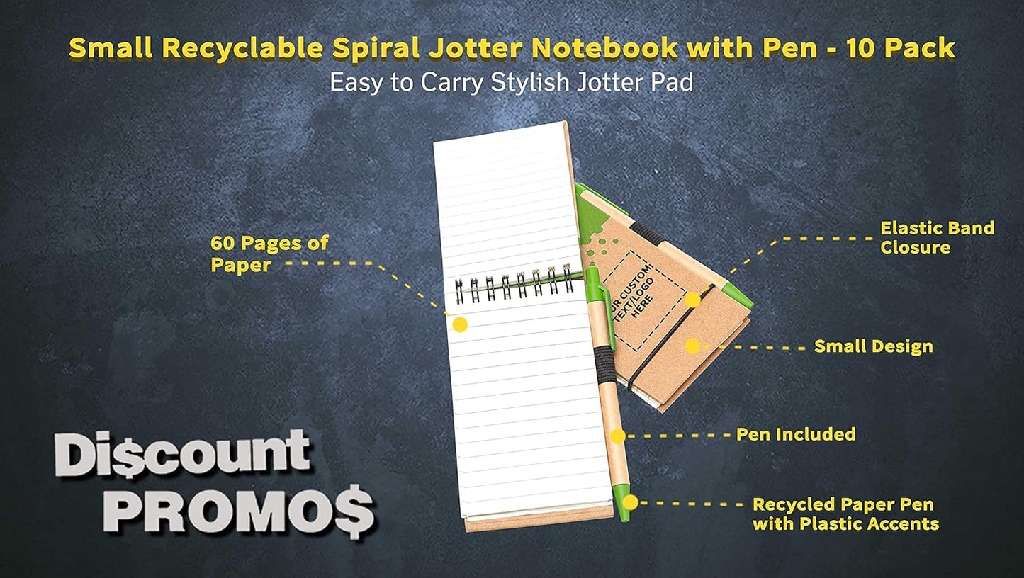 DISCOUNT PROMOS 10 Recyclable Spiral Small Notebooks Pack - Customizable Text, Logo - 60 Lined Pages - Lime Green