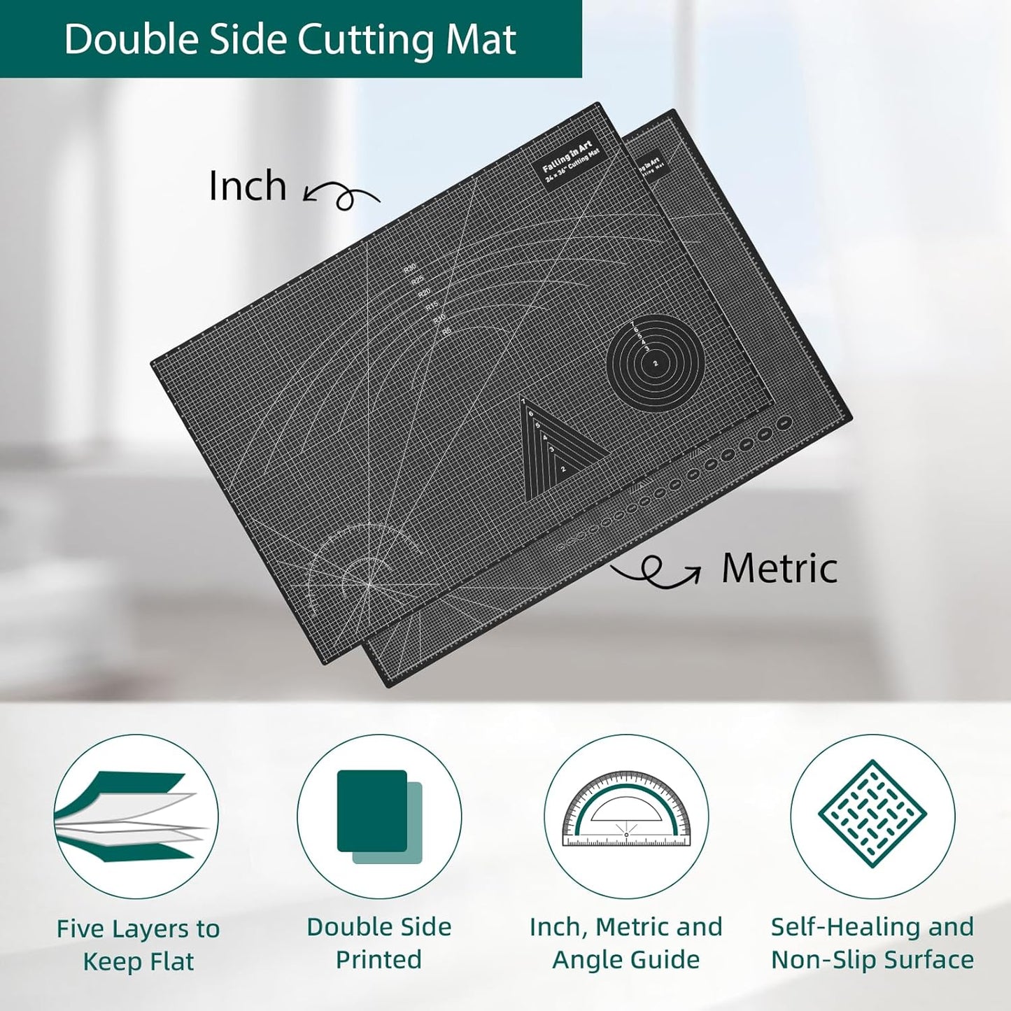 Falling in Art Self Healing Cutting Mat, 24x36" Cutting Mats for Sewing, Double-sided 5-Ply Fabric Cutting Board for Crafting, Quilting and Sewing Projects, Black