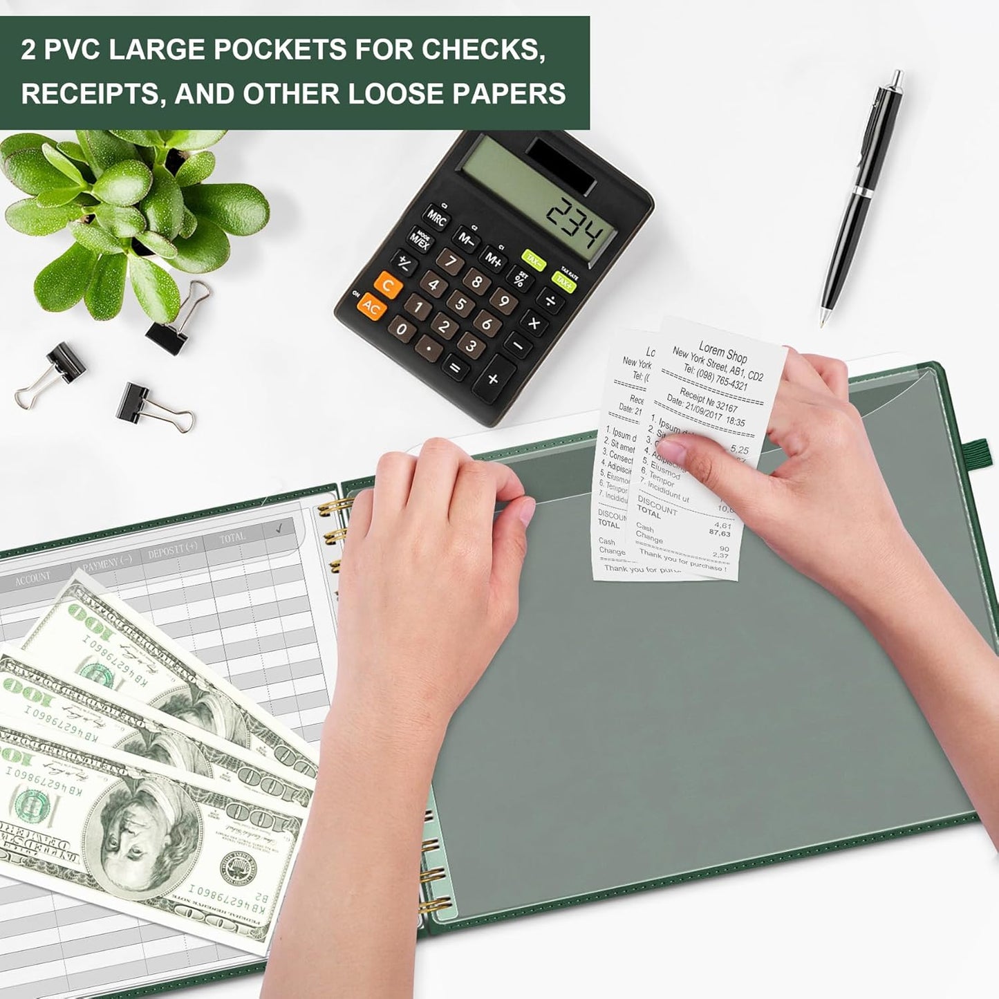 HAUTOCO Hardcover Accounting Ledger Book for Small Business Bookkeeping Horizontal Money Expense Tracker Notebook with 2 Storage Pouch, Personal Columnar Log Journal 10.78 x 8'', Dark Green