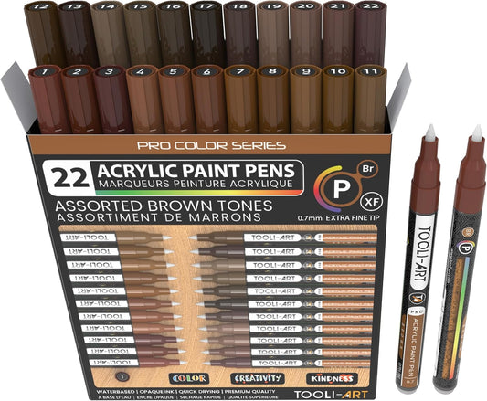 Acrylic Paint Pens 22 Brown Tones Assorted Pro Color Series Markers Set 0.7mm Extra Fine Tip for Rock Painting, Glass, Mugs, Wood, Metal, Canvas, Projects, Non Toxic, Waterbased, Quick Drying