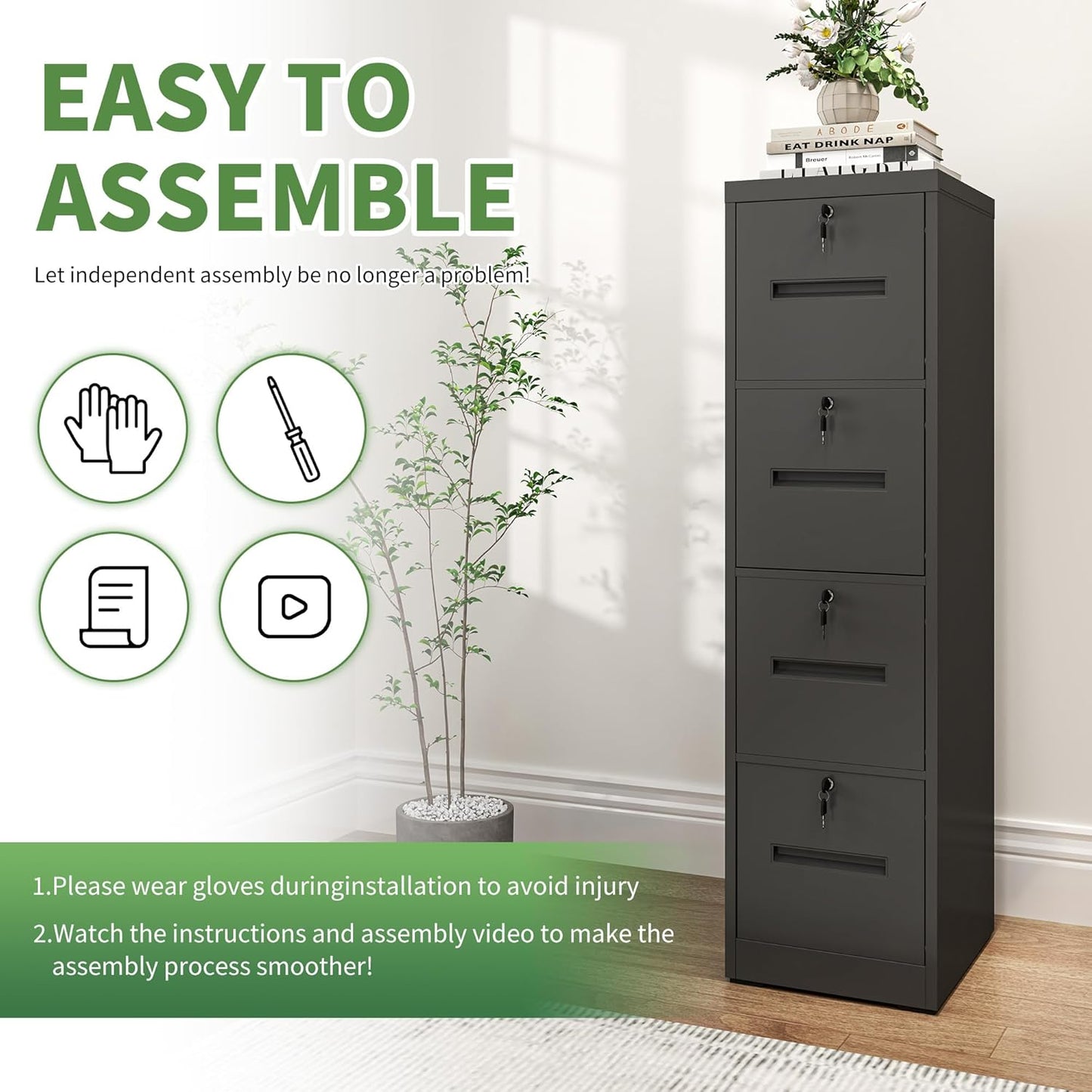 File Cabinet 4 Drawer with Lock, Vertical Filing Cabinets for Home Office, Metal Steel Storage Cabinet for Letter/Legal Size File, Assembly Required(Black)