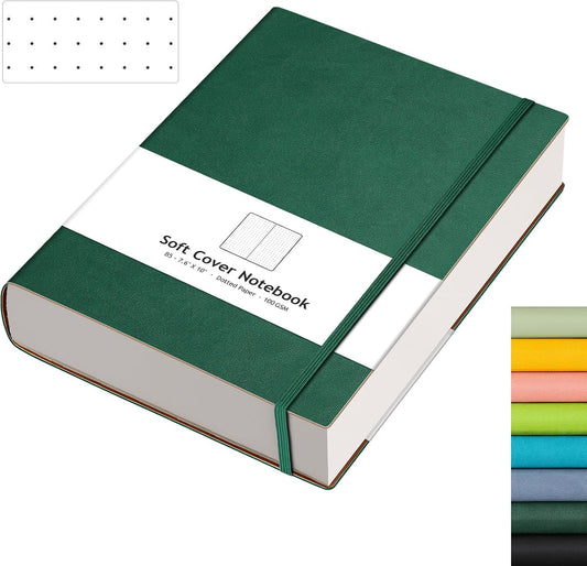 AHGXG Bullet Dotted Journal - 320 Pages Dot Grid Notebook B5 Large Journal, 100gsm Thick Dotted Paper, Leather Softcover, with Journal Stencils, Inner Pocket, 7.6'' X 10'' - Green