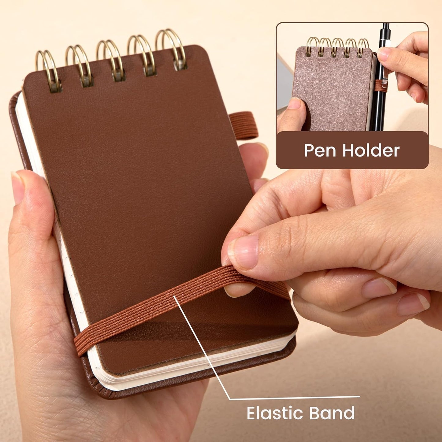 Yoment Small Notebooks 3x5 Leather Pocket Notepad 150 Pages Mini Top Spiral Notebook, 100 GSM Thick Paper, Memo Note Pads for Work School Nursing, Brown