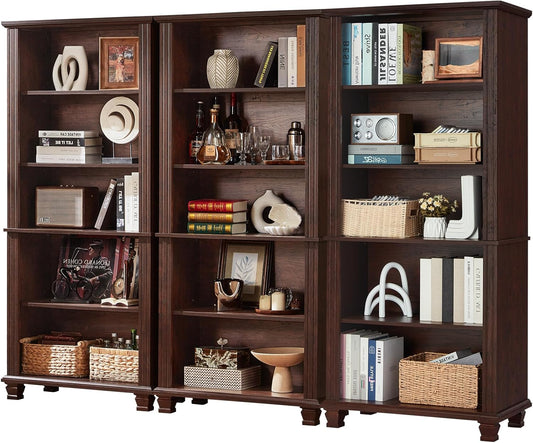 70" Tall Walnut Bookshelf,5 Tier Wooden Book Shelf with Adjustable Shelves & Wood Legs,Free Standing Farmhouse Bookcase with Open Display Storage,Vintage Bookshelves for Classroom, 3PCS