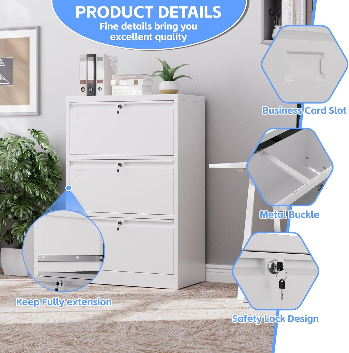 3 Drawer Lateral File Cabinet, Metal Wide Filing Cabinet with Independent Locks, Home Office Furniture for Hanging Files Letter/Legal/F4/A4 Size, Assembly Required, White