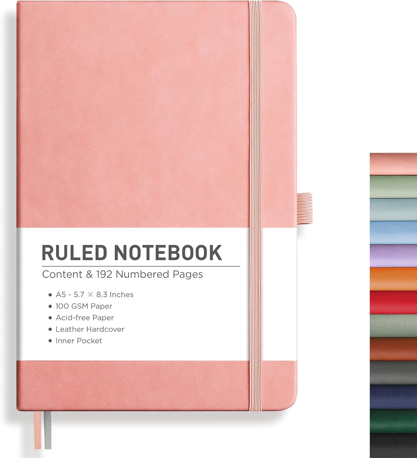 RETTACY Lined Journal Notebook, 192 Numbered Pages, A5 Medium Size (5.7'' x 8.3''), for Men & Women, Journaling, Writing, Work & Office, Leather Hardcover, 100 GSM Thick Paper (Pink)