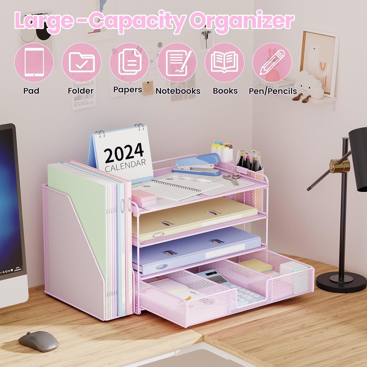 Desk Organizer and Accessories, 4-Tier Desktop File Organizer with Drawer and 2 Pen Holders, Office Desk Accessories for Office Supplies(Pink)