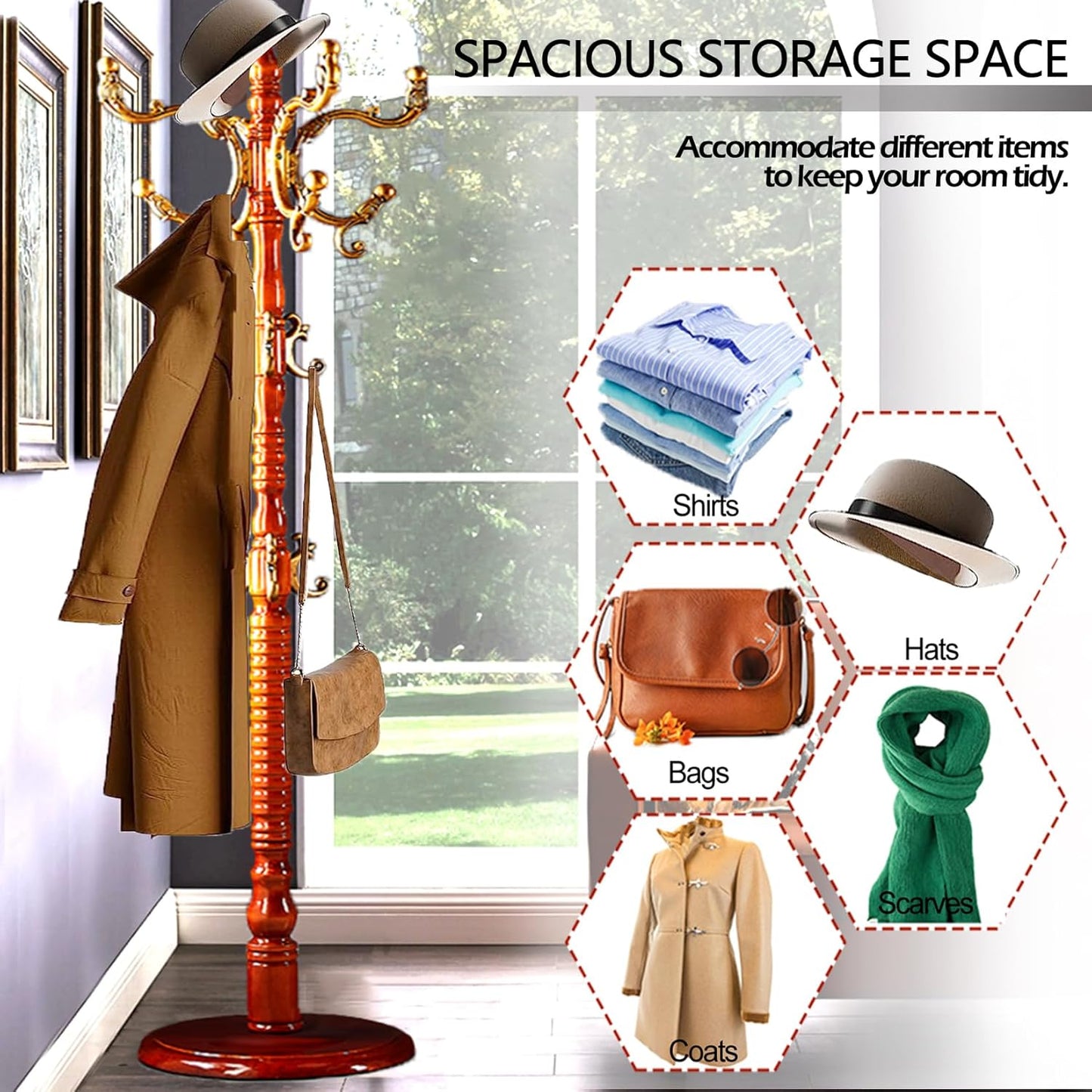 Coat Racks Free Standing with 14 Hooks, Natural Wood Coat Stands for Entryway, Adjustable Height 73 in Tree Coat Rack Stand for Hallway Home Office Bedroom (Begonia)