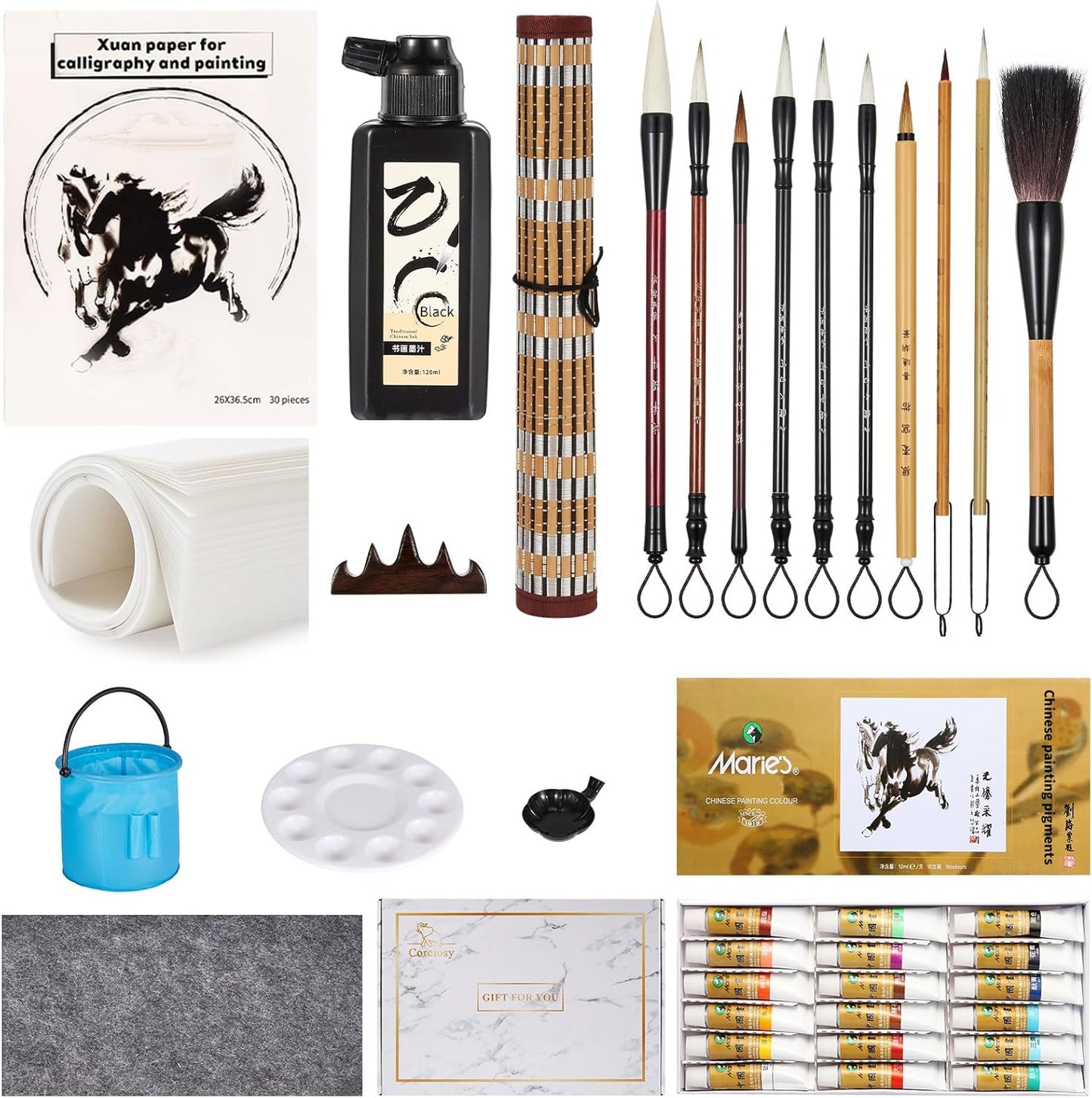 Corciosy Chinese Calligraphy Brushes Set,Professional Sumi Watercolor Brushes Writing, Japanese Painting Set for Beginners
