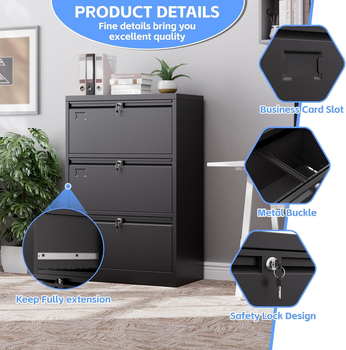 Aobabo 3 Drawer Wide Lateral File Cabinet, Metal Filing Cabinet with Lock, Suitable for Home Office School Hanging Files Letter/Legal/F4/A4 Size,Black,Required-Assembly,15.87" D x 28.94" W x 43.62" H