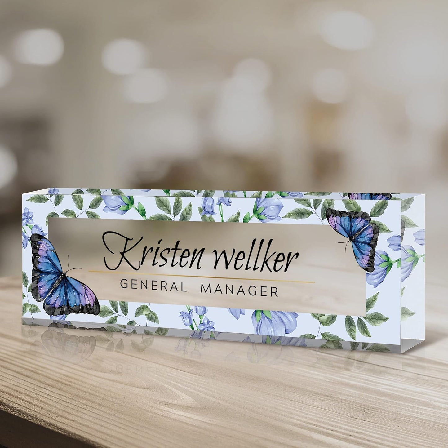 Desk Name Plate Personalized, Premium Purple Blue Butterfly Acrylic Desk Name Plate, Personalized Name Plate for Desk, Office Decor for Women or Men Coworkers, Boss, Employee, Teacher