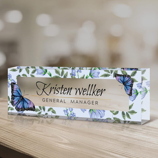 Desk Name Plate Personalized, Premium Purple Blue Butterfly Acrylic Desk Name Plate, Personalized Name Plate for Desk, Office Decor for Women or Men Coworkers, Boss, Employee, Teacher