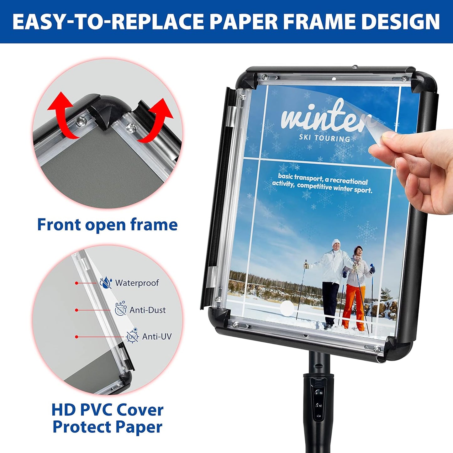 8.5x11 Inch Adjustable Pedestal Poster Sign Stand, Heavy Duty Floor Standing Sign Holder Stand Aluminum Snap Open Frame for Vertical and Horizontal View Sign Displayed (Black, Round)