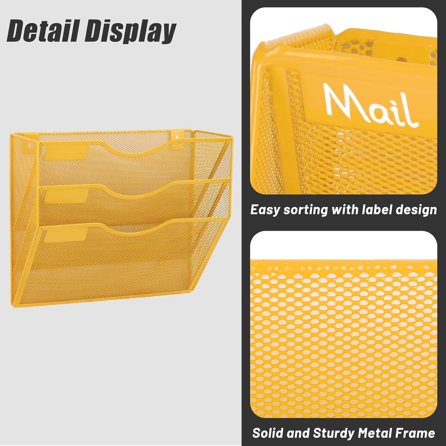 EASEPRES 3 Pocket Mesh Hanging Wall File Organizer, Wall Mounted Mail Paper Document Folder Holder, Clipboard Storage Organization Magazine Rack with Nametag Label for Office Home School, Yellow