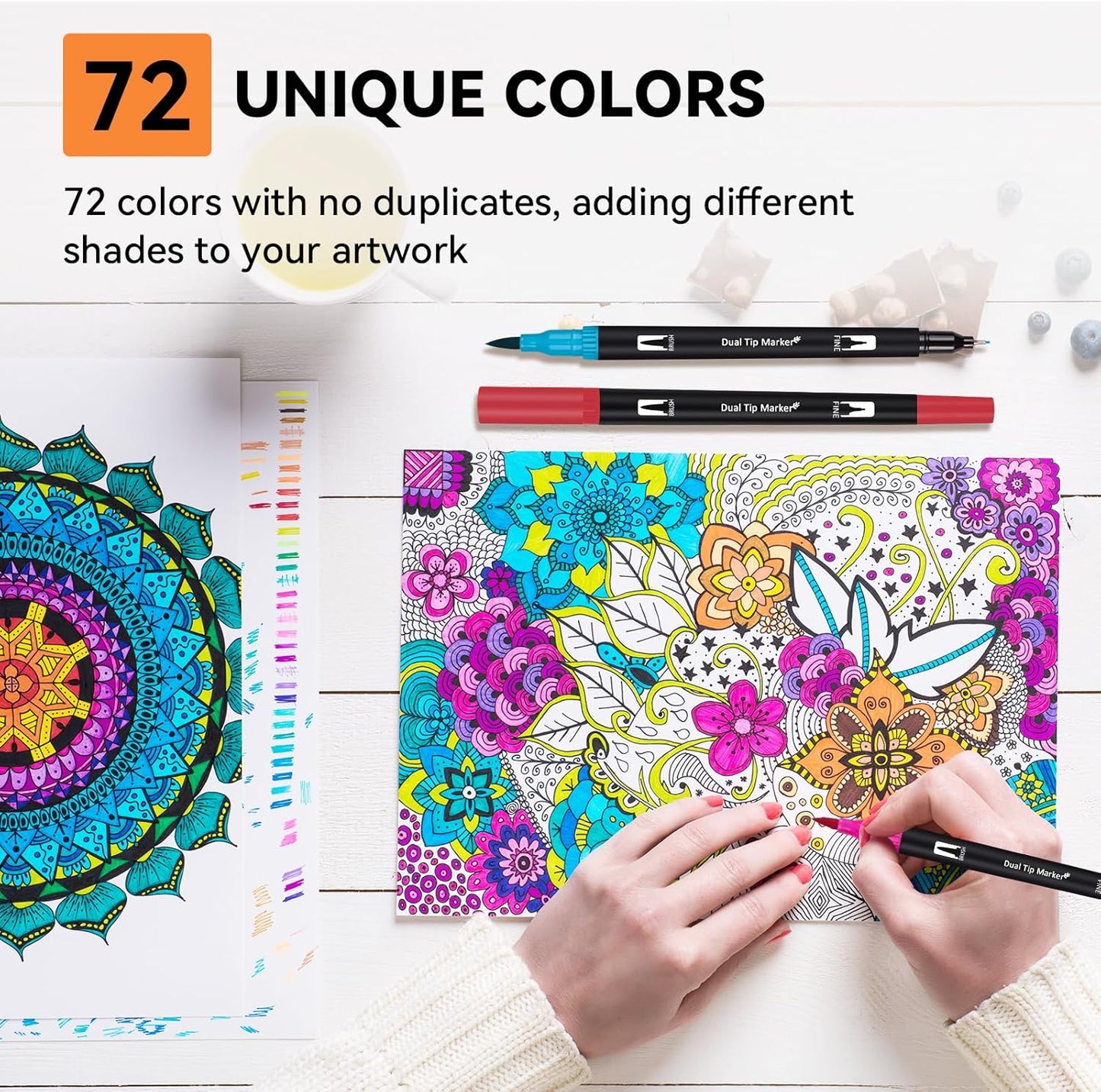 Dual Markers Brush Pens for Adult Kids Coloring Books, 72 Colors Art Marker Set with Fine & Brush Tip Pen for Bullet Journaling, Coloring, Drawing, Hand Lettering, Calligraphy, Art Supplies