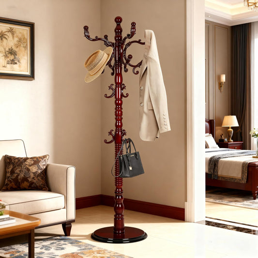 Vintage Wooden Coat Rack Free Standing,14 Hooks, 3-Level Adjustable Height, 73-Inch Retro Coat Rack Stand, Suitable for Entryway, Living Room, Office and Bedroom (Mahogany)