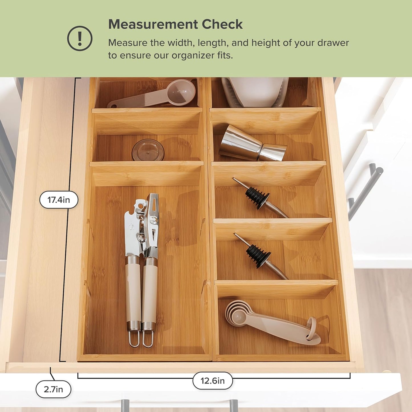 Premium Kitchen Utensils and Junk Drawer Organizer – Small 5-Compartment Design with 4 Removable Dividers, Non-Slip Feet, 100% Sustainable Bamboo, 2 Pack