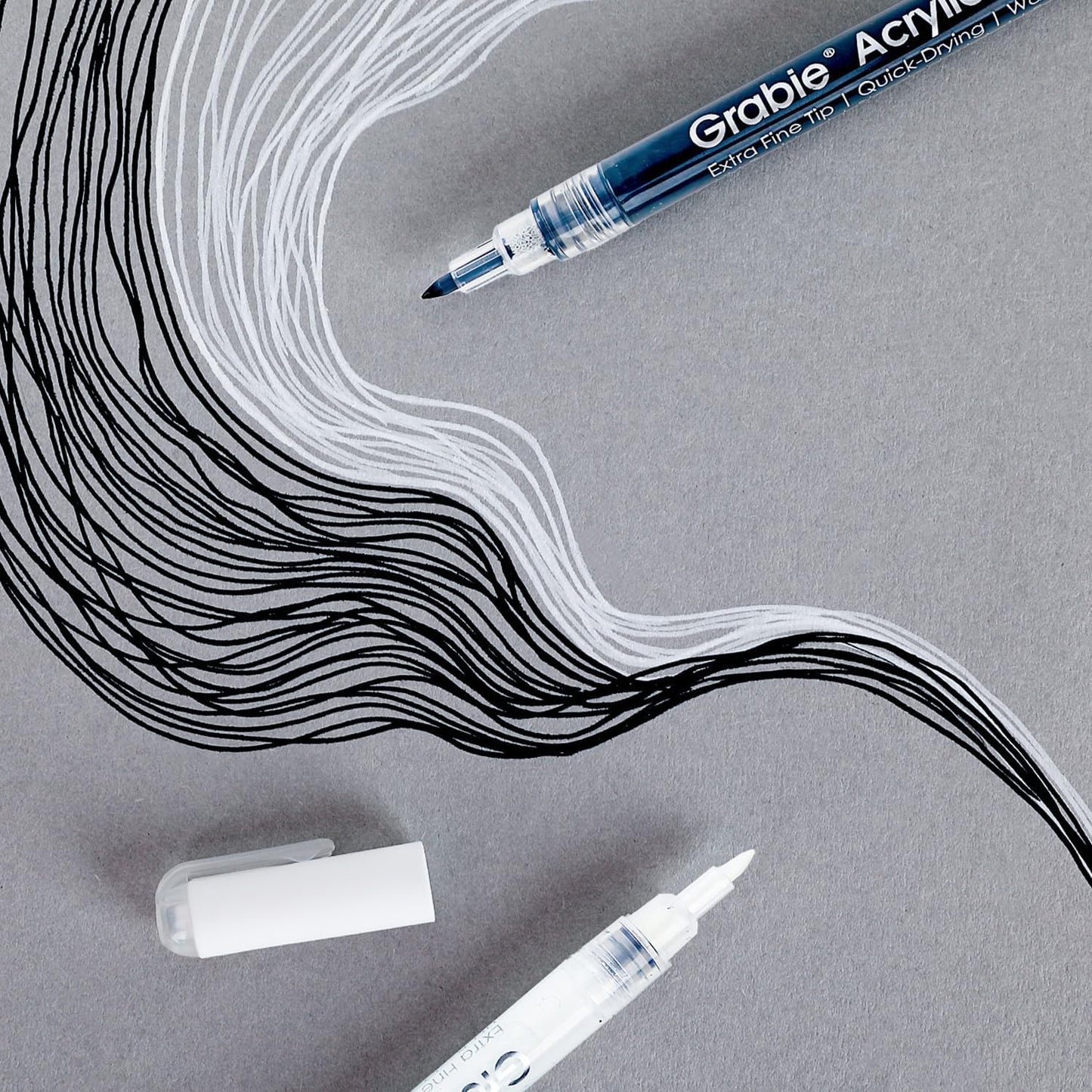 Grabie Black & White Extra Fine Tip Acrylic Paint Marker Set, 6 Pack, 0.7mm Acrylic Paint Pens for Highlights and Fine Details on Drawings, Rock Painting Glass Canvas Wood, White Highlight Markers