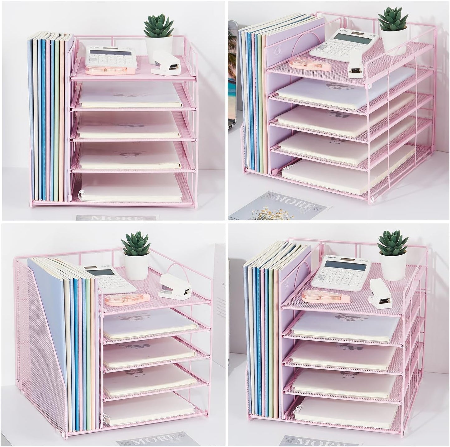 Desk Organizers and Accessories, 5-Tier Paper Letter Tray Organizer with File Holder, Pink Office Decor (Pink)
