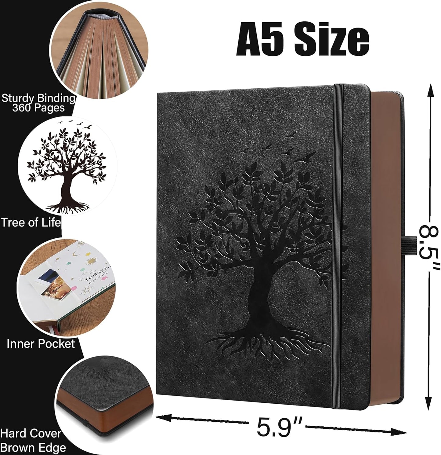 ZXHQ A5 360 Pages Lined Journaling Notebooks with Pen, Journals for Women Men Writing Notebook, Tree of Life Design, Brown Edge Fine Inner Pocket - Black