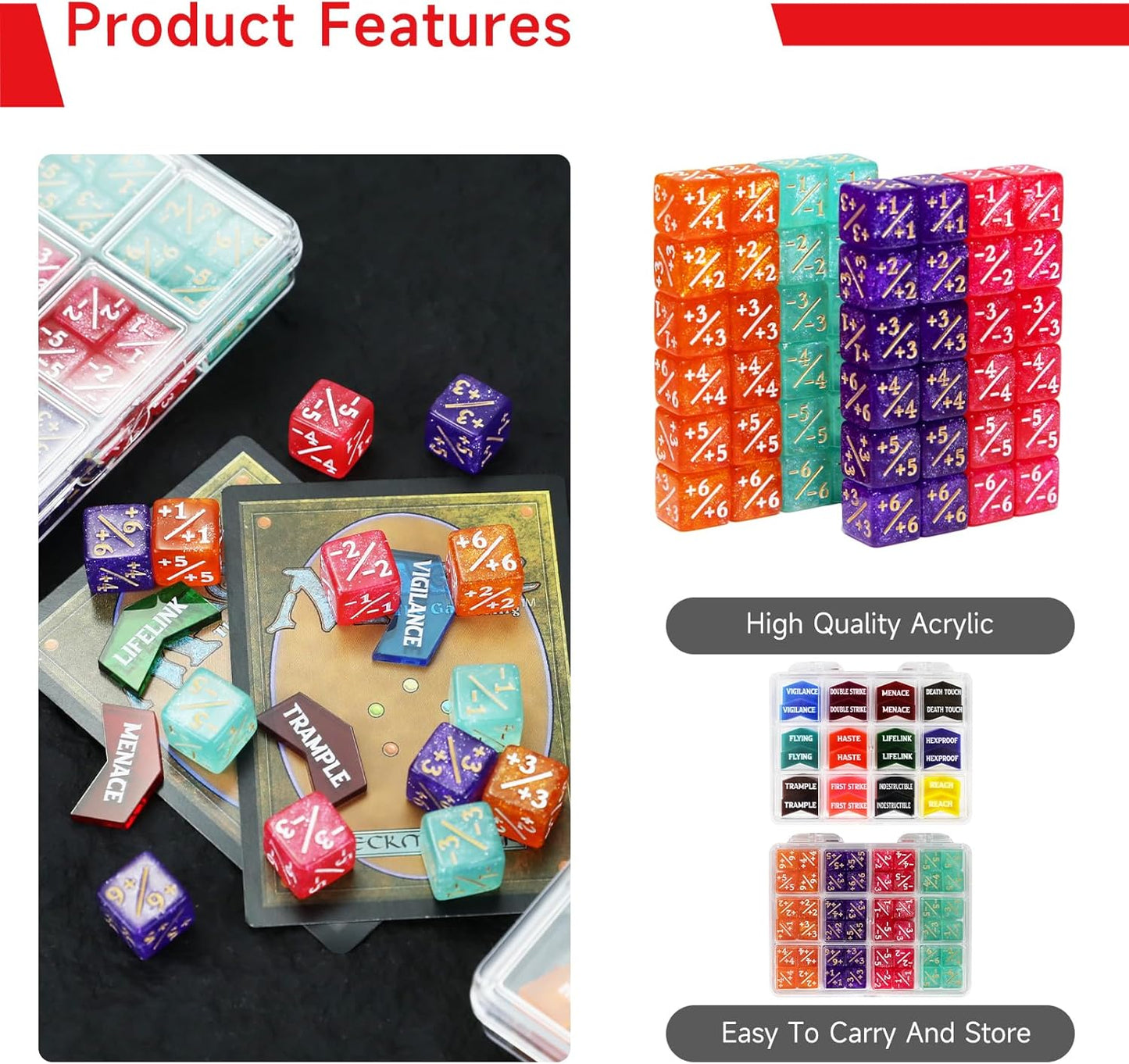 SIXPOINTS 108PCS 12mm MTG Counter Dice +1/+1 Tokens 6 Sided Dice & Keyword Counters Tokens Set for Magic The Gathering, MTG, TCG, Card Games Accessories