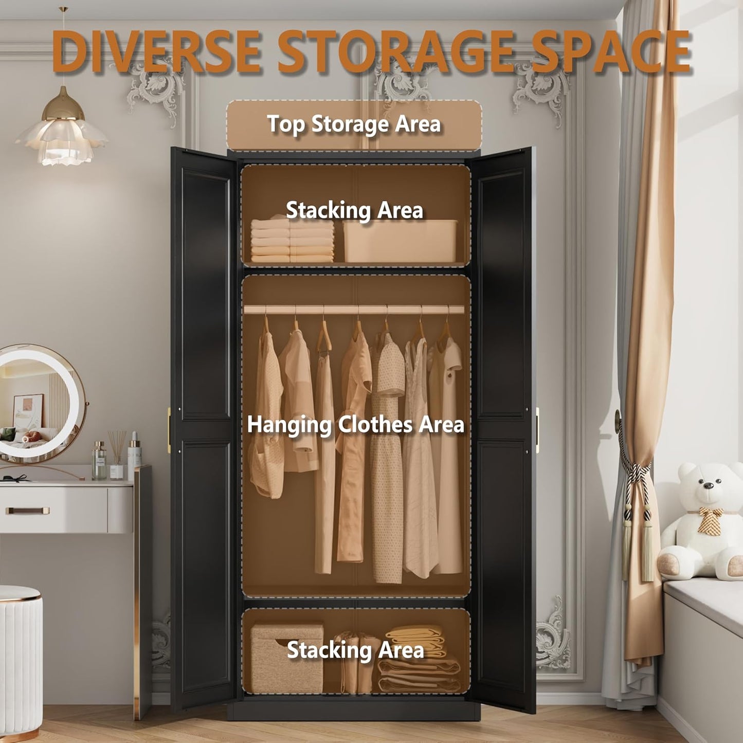 Metal Armoire Wardrobe Closet with Hanging Rod, 71" Tall Wardrobe Cabinet for Clothes, Black Clothing Storage Cabinet with Doors and Shelves, Large Wardrobes for Bedroom-Assemble Required