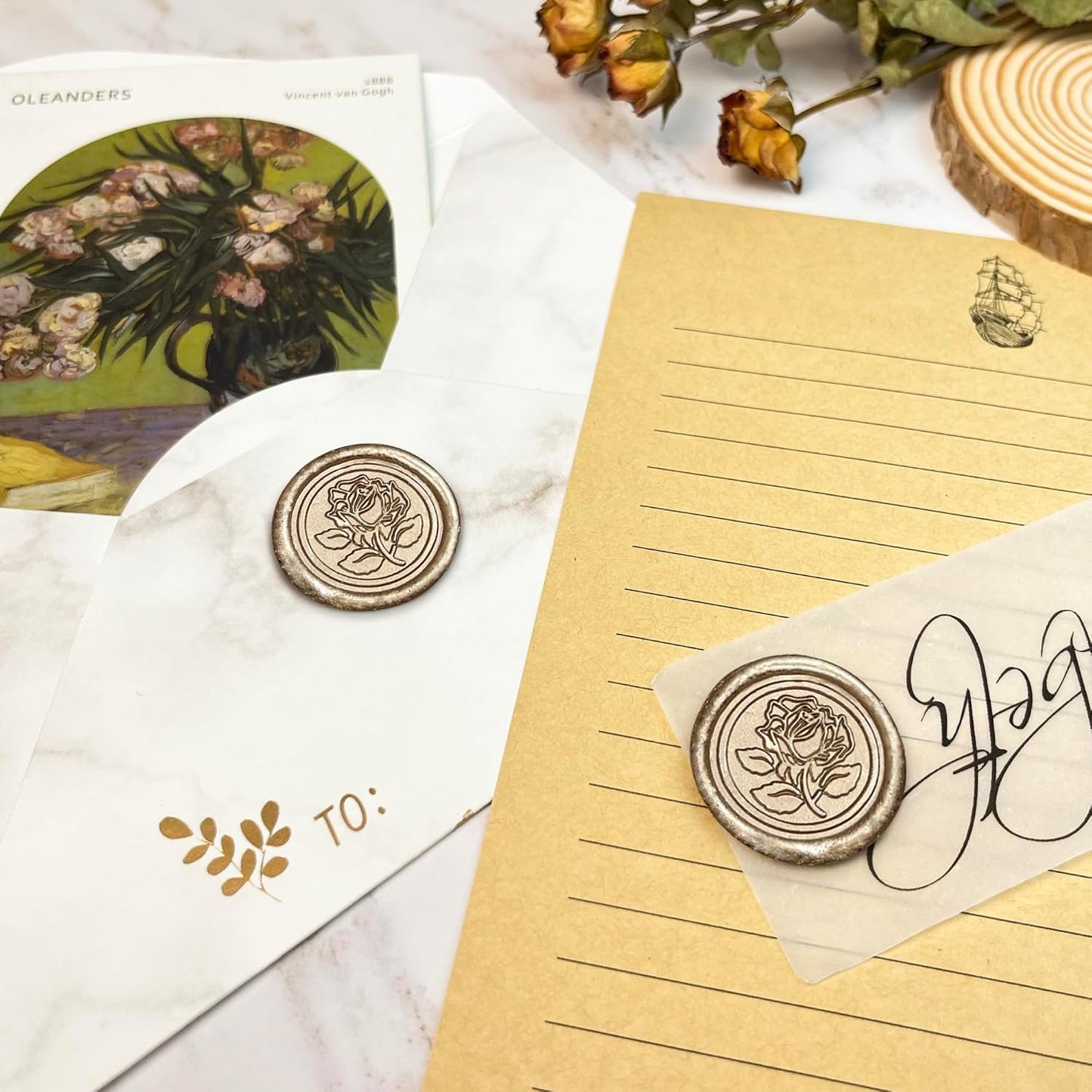 25Pcs Wax Seal Stickers Handmade Envelope Seals Self Adhesive Wax Stickers for Wedding Party Invitations, Envelope, Gift Wrap, Christmas(Rose Style, Champagne Gold)