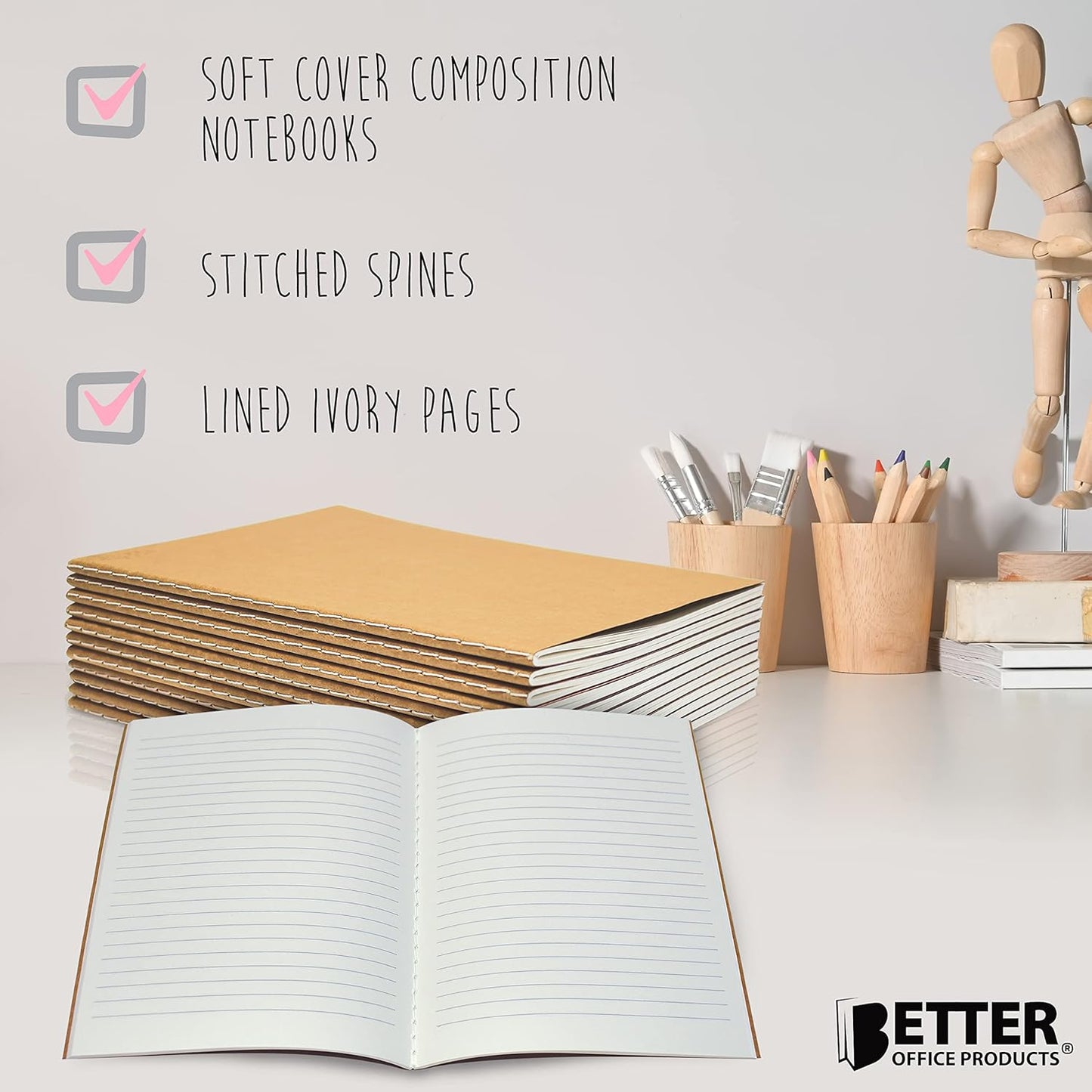 Better Office Products Kraft Notebooks Lined Paper, 12 Pack, 8.3 in x 5.5 in, A5 Size, 60 Lined Ivory Pages, 80 gsm, Soft Cover Composition Notebooks, Stitched Spines, Kraft Travel Journals