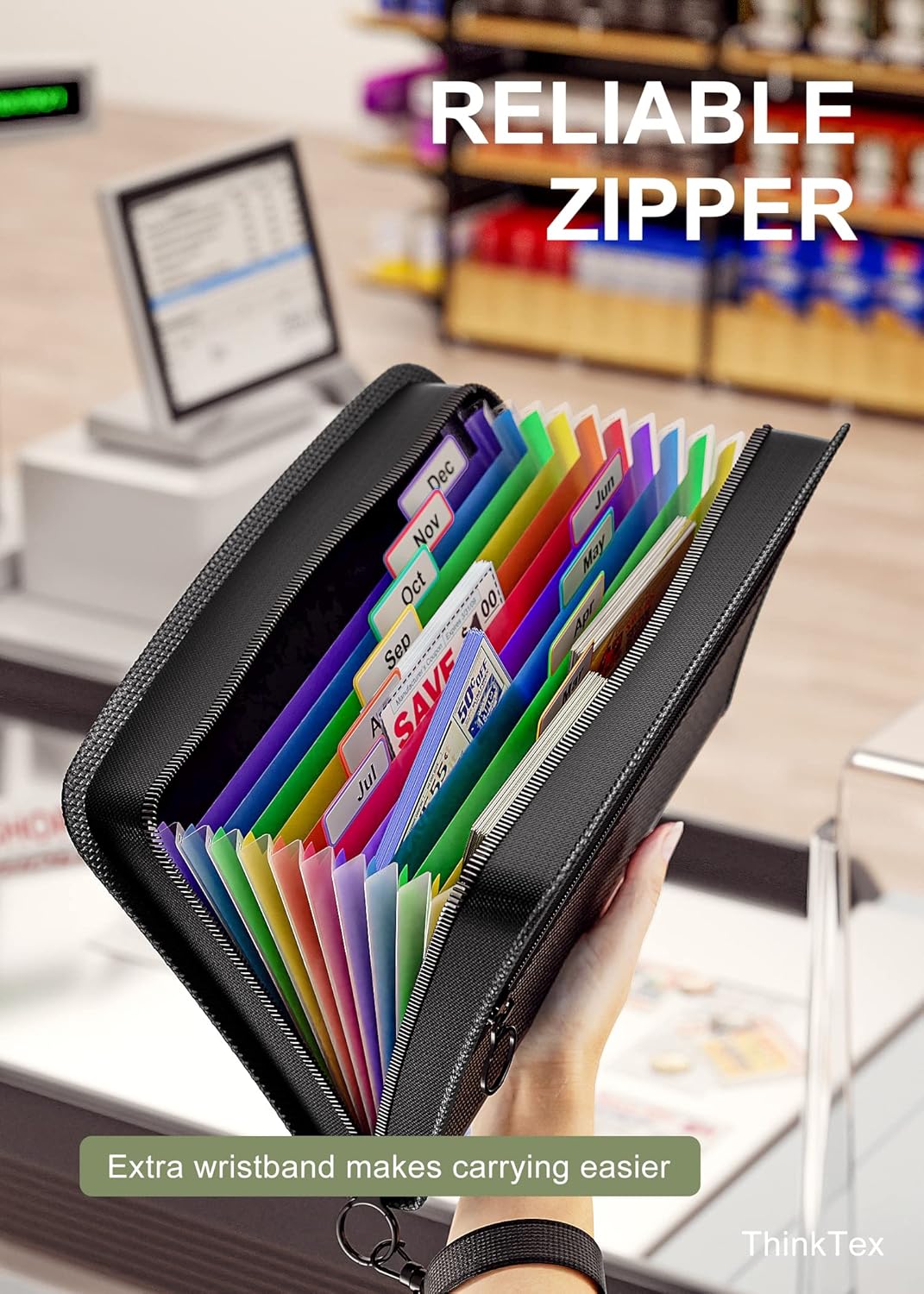 ThinkTex Receipt Coupon Organizer, 12 Pockets Small Accordion File Organizer, Junior Size 11x 6.6 Inches, Zipper Closure, Multi-Color Tabs