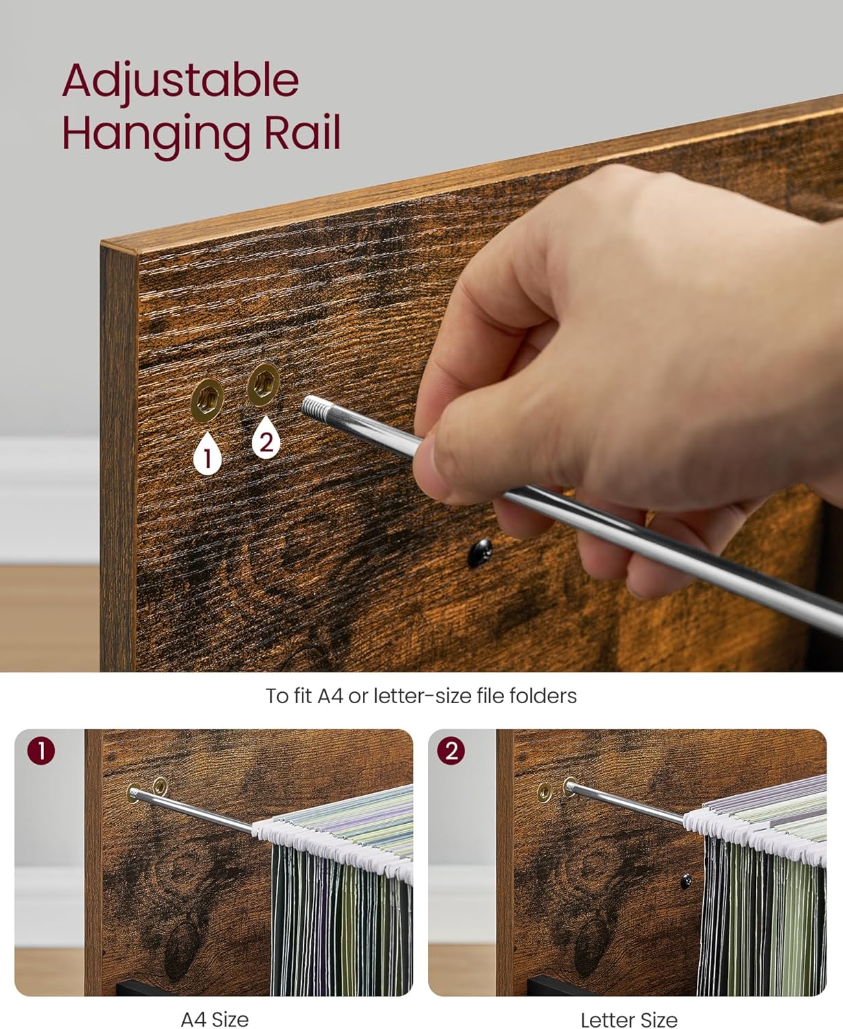 VASAGLE File Cabinet, 3 Drawers Filing Cabinet for Home Office, with Wheels, for A4, Letter Sized Documents, Hanging File Folders, Rustic Brown and Ink Black UOFC065B01