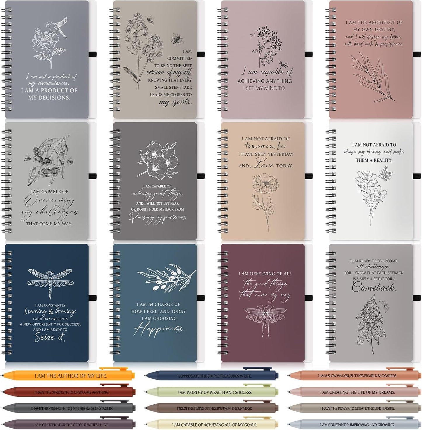 Kosiz 24 Pcs/12 Set Positive Affirmation Gifts Gratitude Spiral Notebooks with Pens Motivational Encouragement Notepads Daily Affirmations Journal for Women (Simple)