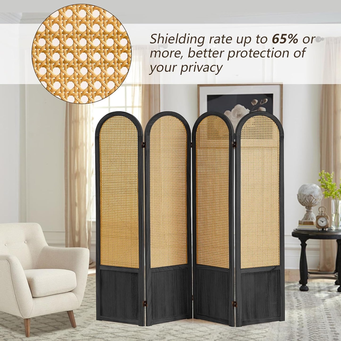 4 Panel Rattan Room Divier, Room Divider Panel and Folding Privacy Screens, Room Divider Wall, Solid Wood Frame, Partition Room Dividers, Bedroom, Dining Room, Lounge, Black