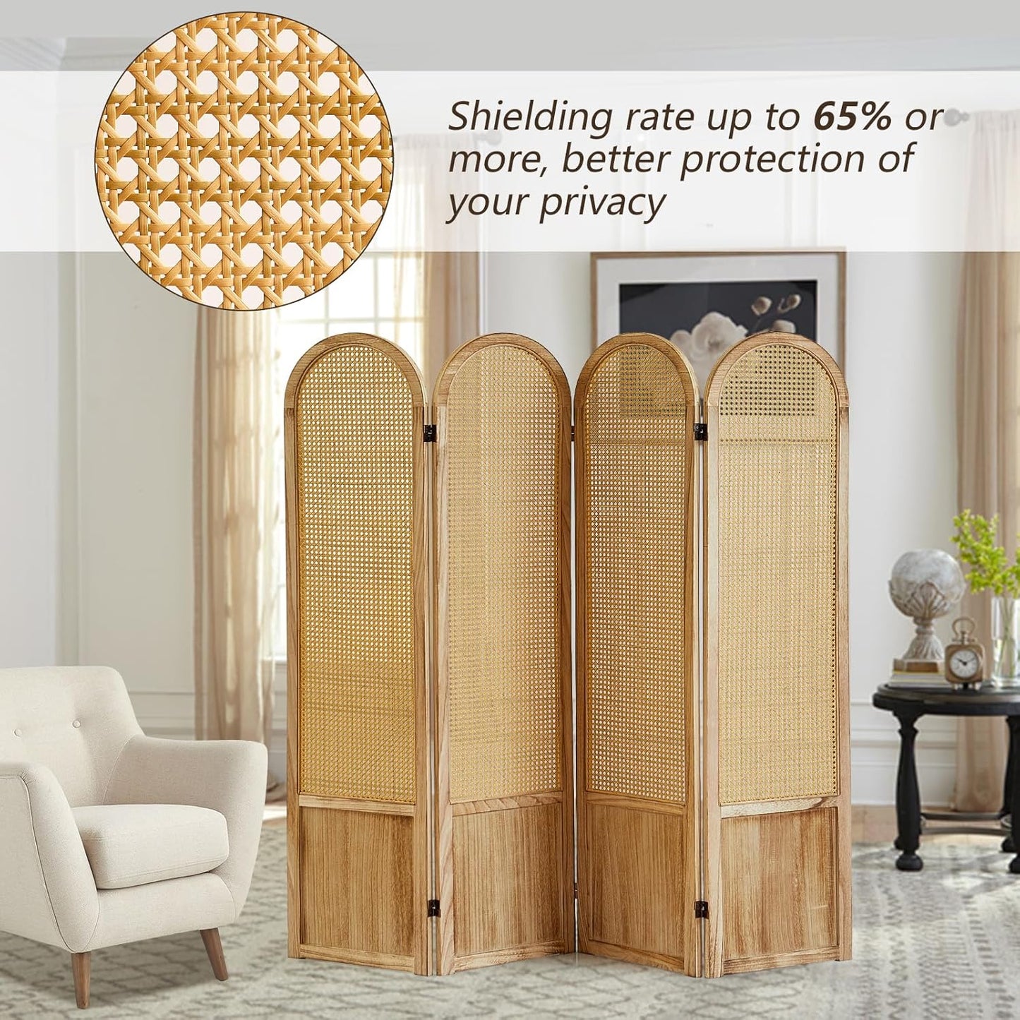 4 Panel Rattan Room Divier, Room Divider Panel and Folding Privacy Screens, Room Divider Wall, Solid Wood Frame, Partition Room Dividers, Bedroom, Dining Room, Lounge, Light Brown
