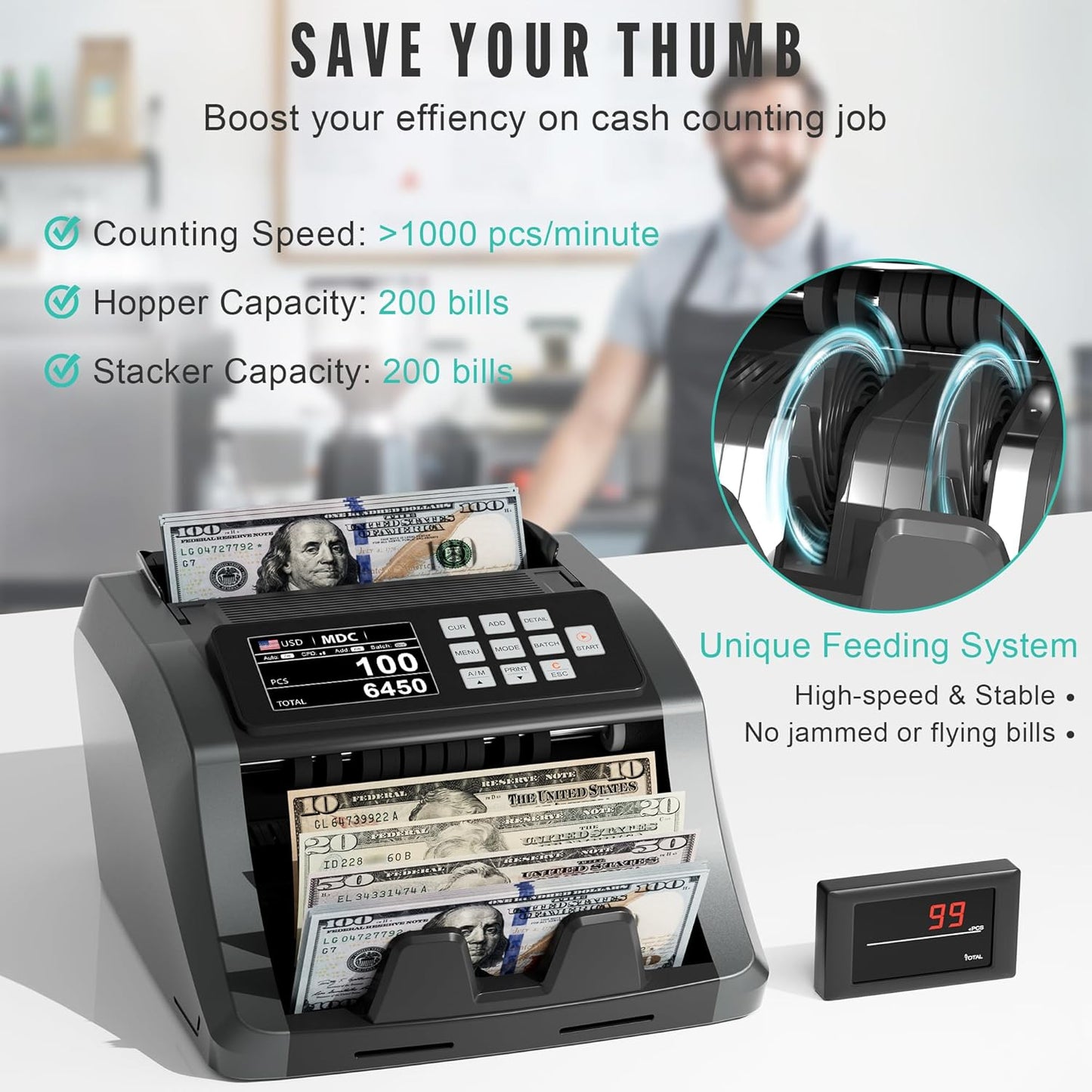 [Upgrade] 2025 YICHOING Mixed Denomination Money Counter Machine, Value Counting, UV/MG/IR/DD Counterfeit Detection, 3.5" TFT Display Cash Counting Machine, Printer Enabled Bill Counter for Business