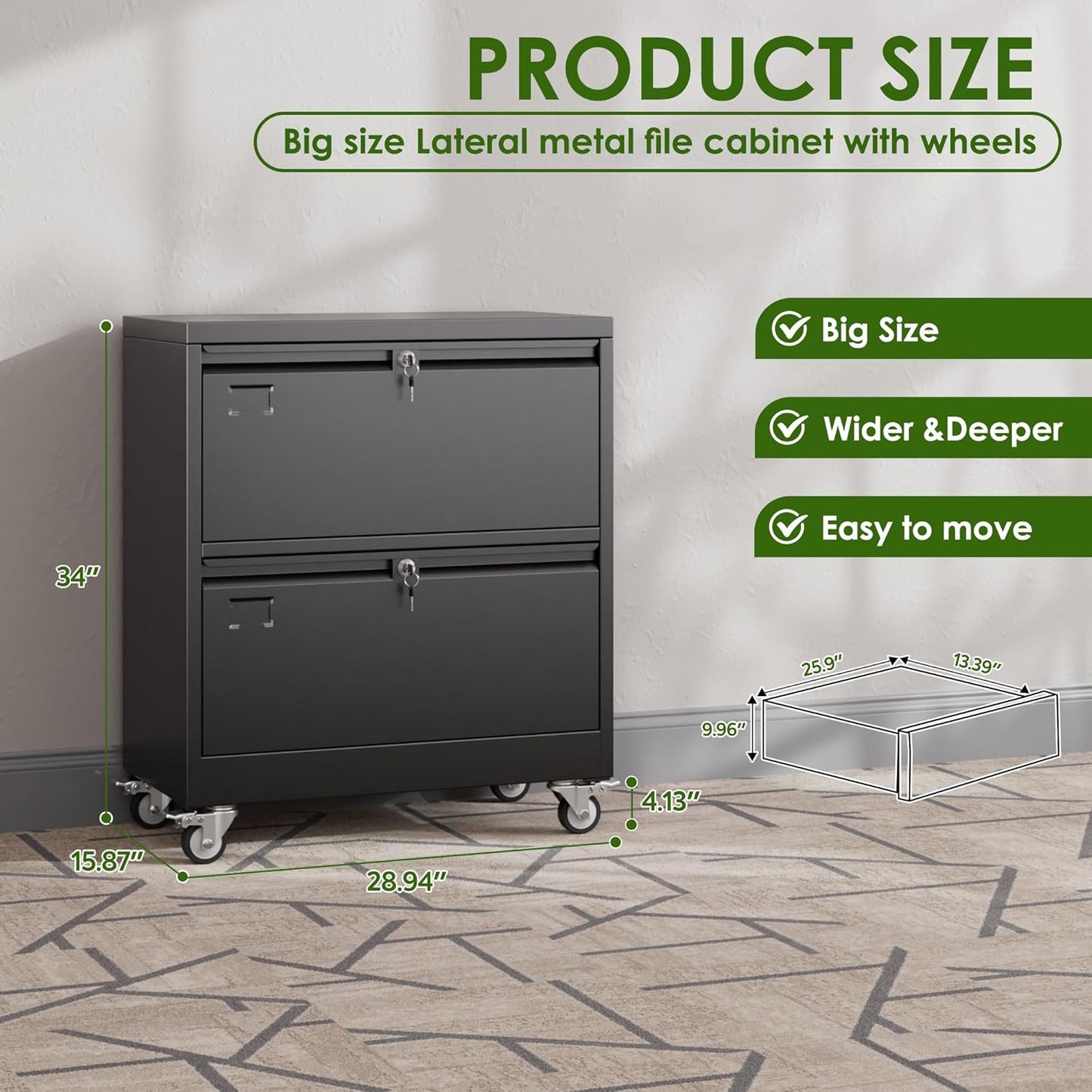 Aobabo 2 Drawer Wide File Cabinet with Wheels, Lockable Metal Filing Cabinet for Home Office, Legal/Letter Size,Black,Required Assembled,15.87" D x 28.94" W x 34" H