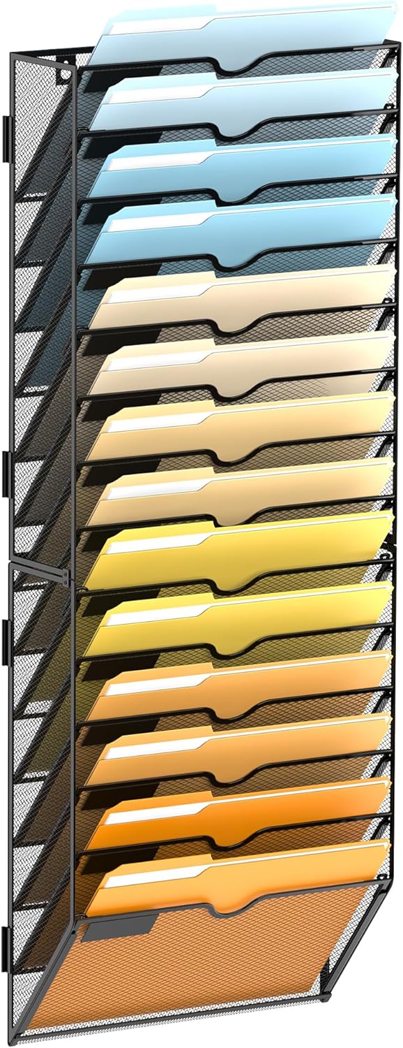 SUPEASY 14-Tier Wall File Organizer Mesh Office Mail Holder, Hanging Wall Organizer Magazine Rack for Office Black