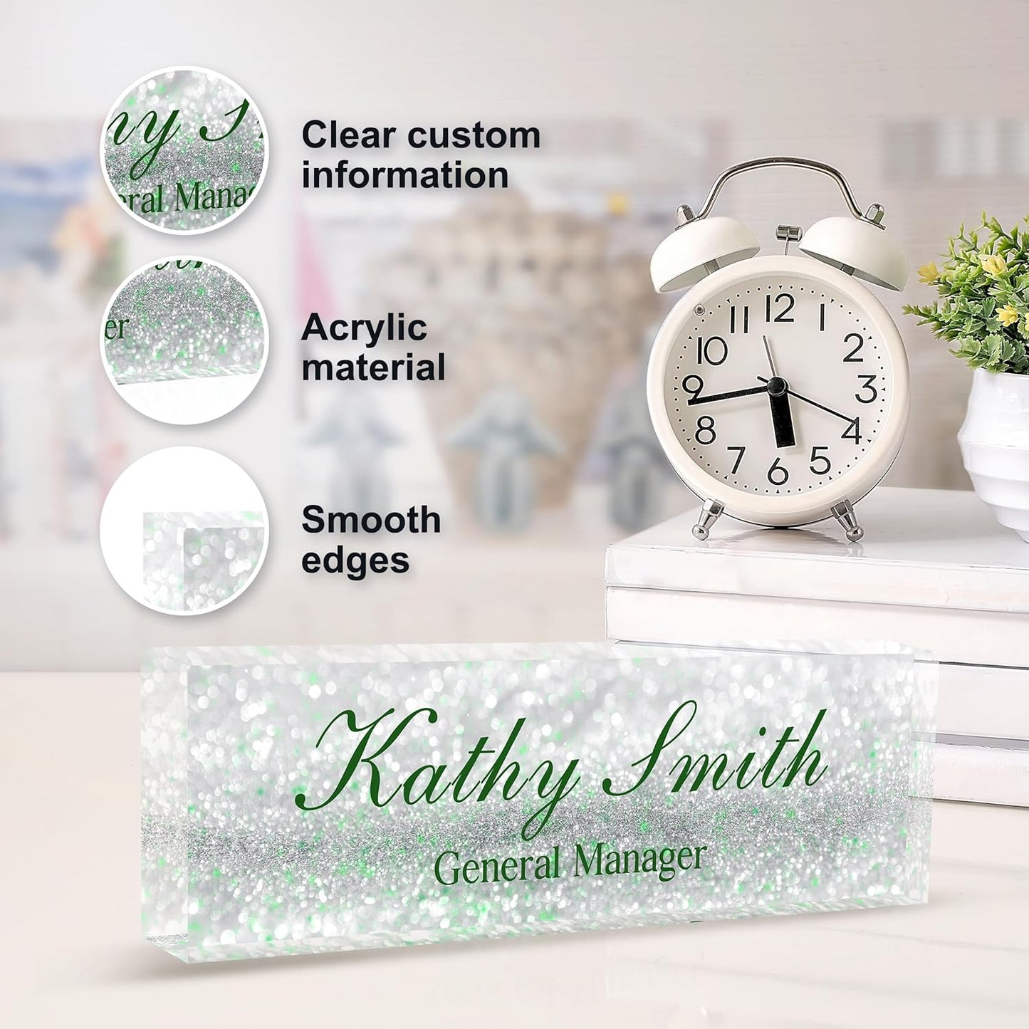 Custom Name Plate for Desk | Personalized Desk Name Plate | Personalized Boss Employee Appreciation Gifts | Acrylic Name Plate Office Desk Accessories (A-Silver Green Crystal)