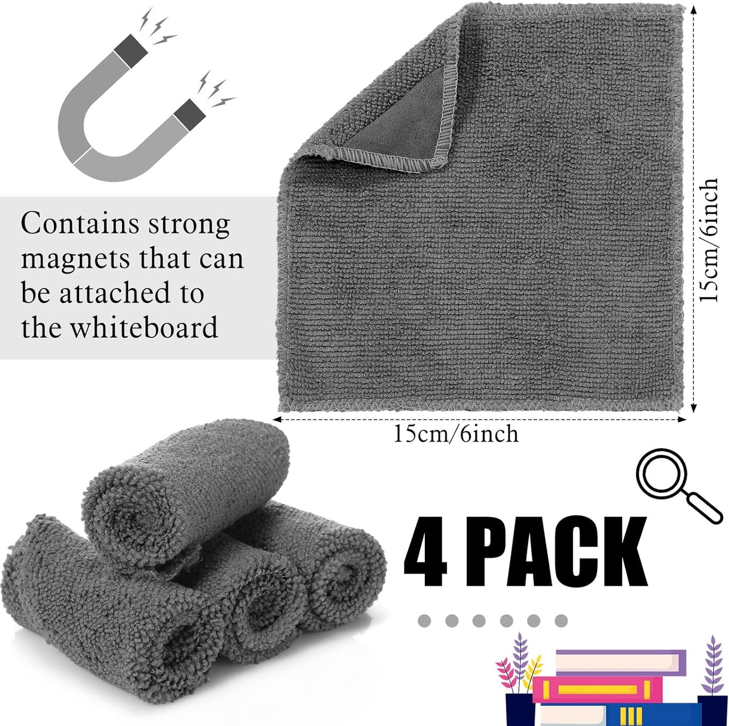 4 Pcs 6" x 6" Magnetic Cleaning Cloth Dry Erasers for White Boards Extra Strong Magnetism Microfiber Whiteboard Eraser for White Boards Blackboards Classroom Home Reusable Washable