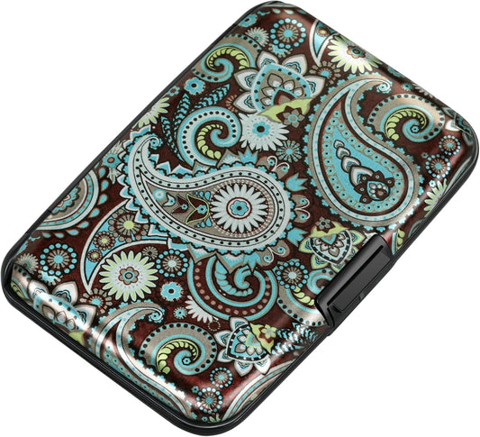 ELFISH Mini RFID Aluminum Wallet Credit Cards Holder Business Card Case Metal ID Case for Men Women (Blue flower)