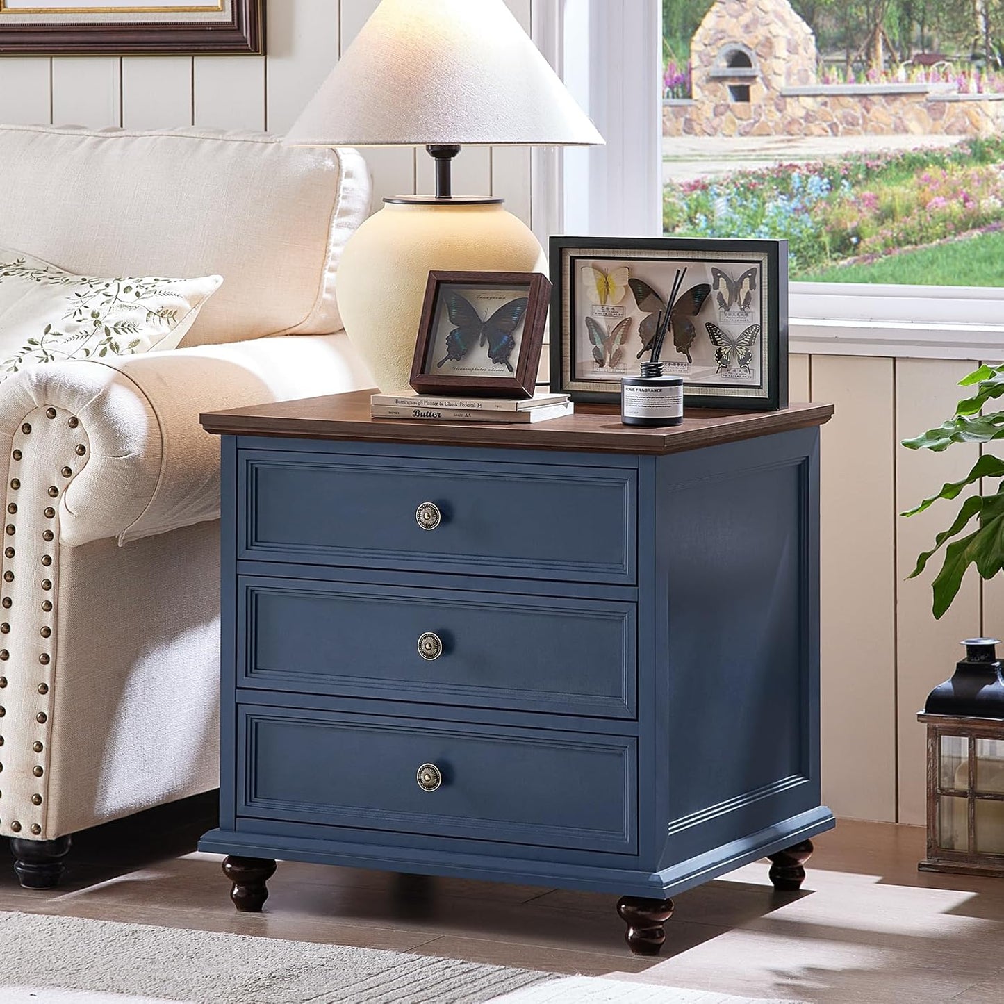24" Wide Farmhouse Night Stand,Large End Table with 3 Drawers & Metal Handle,Blue Wood Dresser for Bedroom Cabinet, Bed Side Tabl·e Chest of Drawers,Nightstand for Living Room,Close