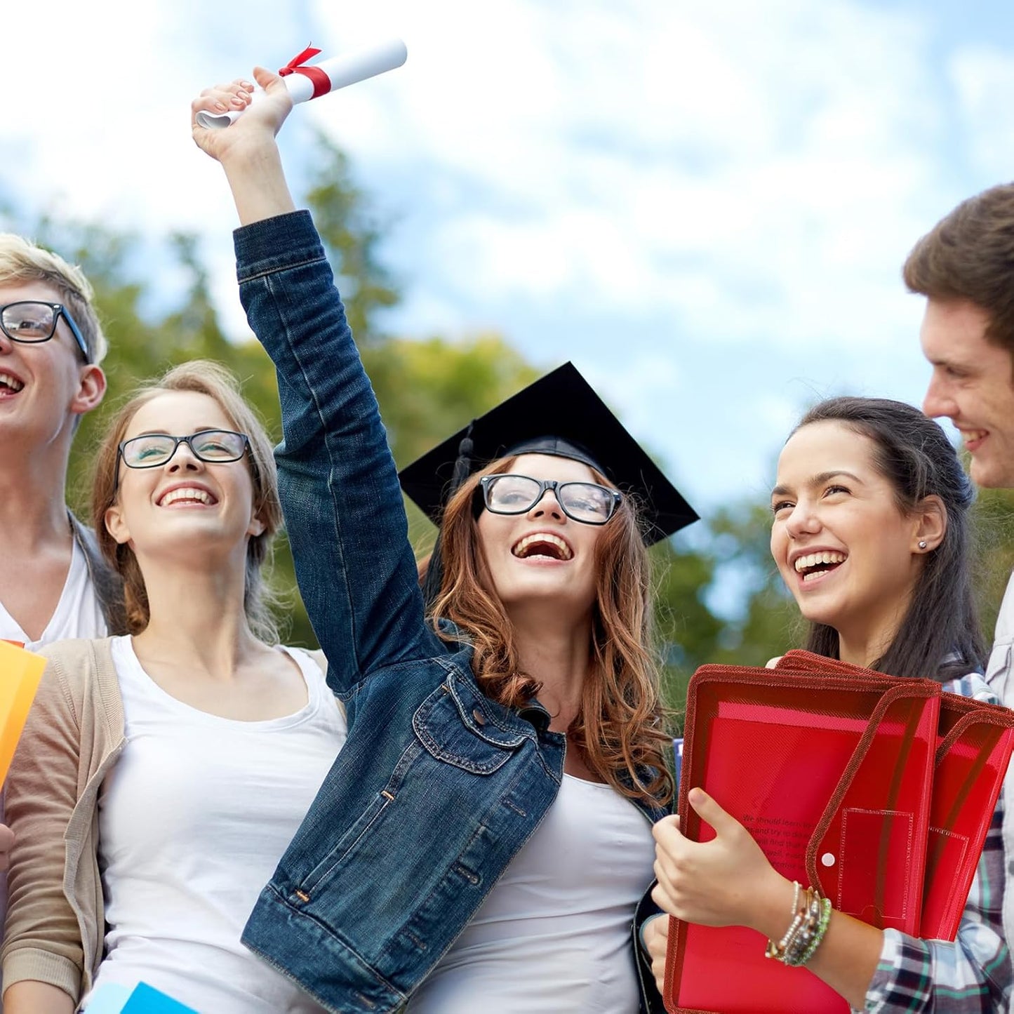 4 Pack A4 Expanding Plastic File Folders Waterproof Document Organizer with Snap Button Multiple Pockets, Office Home Office Storage (Red)