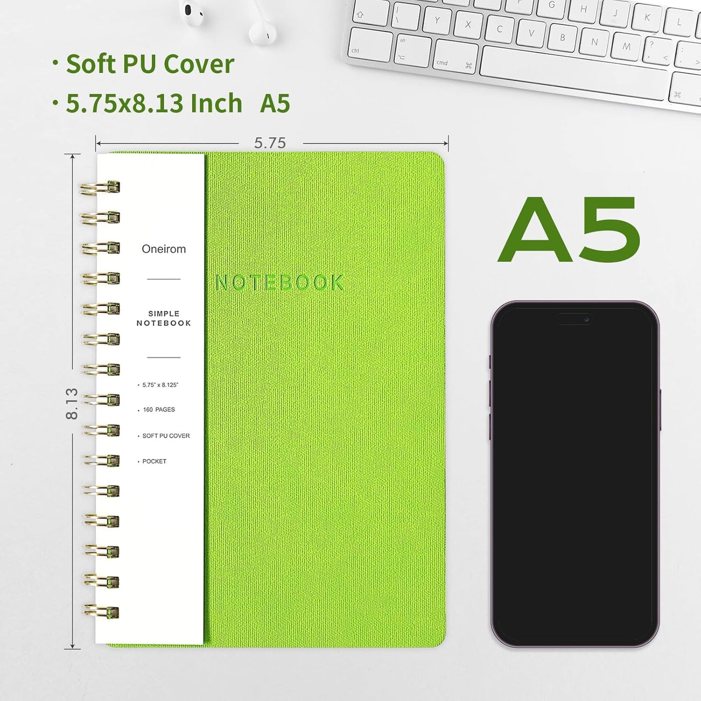 Lined Spiral Notebook College Ruled A5 Journal Book for Note Taking, 160 Pages Writing Journal for Office and Home School Supplies 5.75x8.125 inch - Light Green