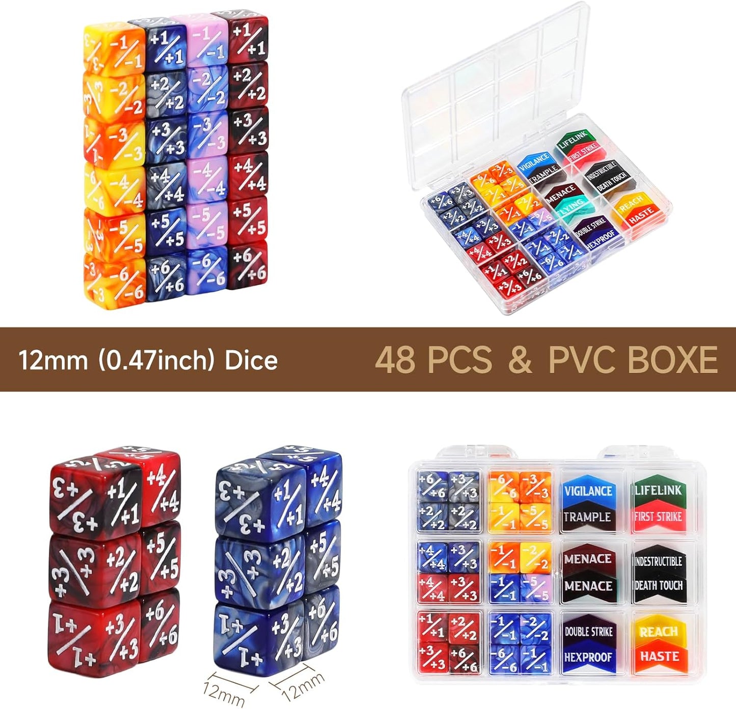 48PCS MTG Tokens & 12mm Dice Counter with Box, MTG Abilities Keyword Buff Tokens Life Counters Loyalty Dice for Magic The Gatering TCG Card Gaming Accessories CCG Creature Stats
