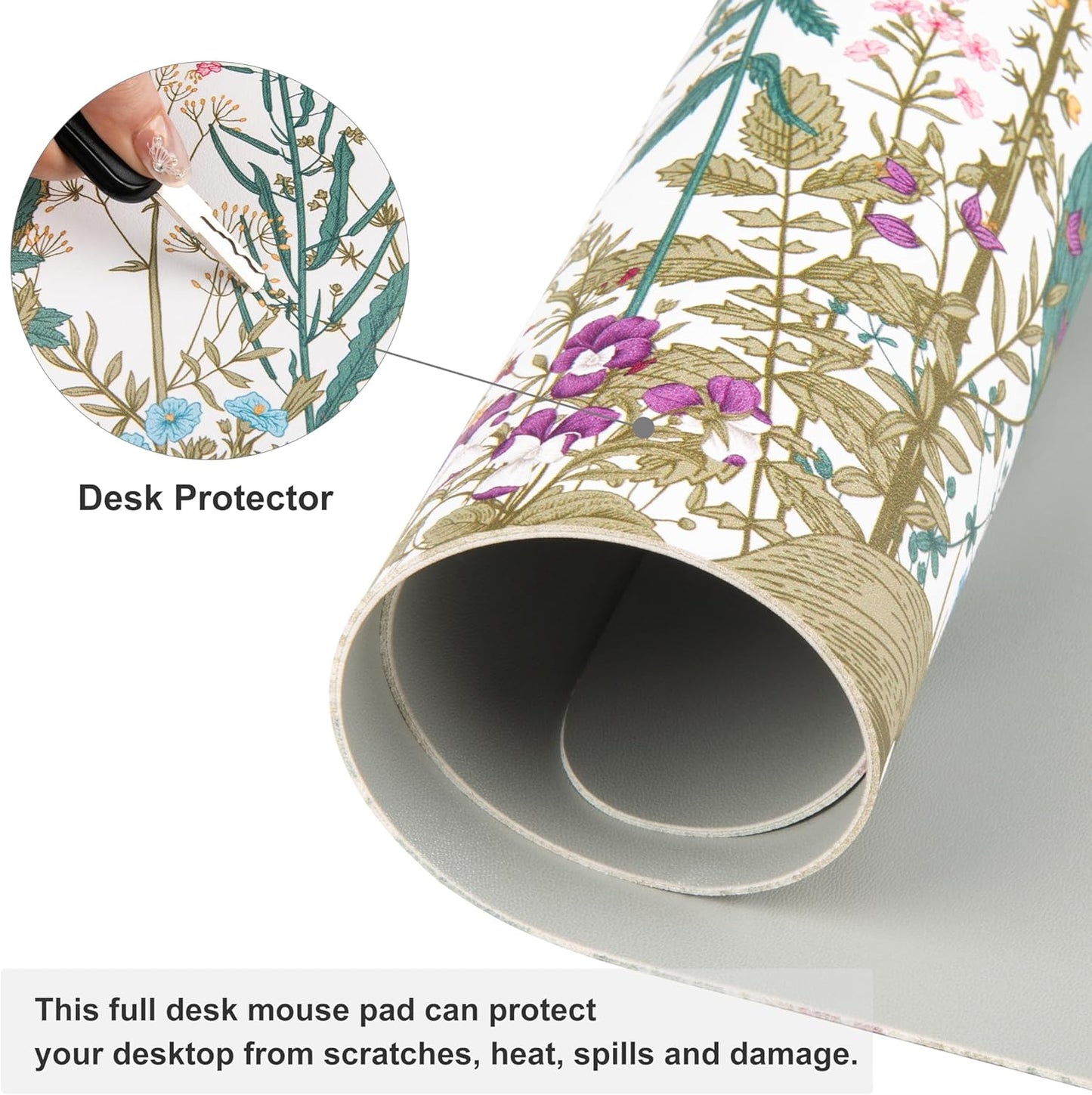 QIYI Large Mouse Pad, Floral Desk Mat for Desktop, Wildflowers Herbs PU Leather Waterproof Gaming Mousepad, Computer Laptop Desk Accessories Protector Writing Pads for School Office Home 31.5" x 15.7"