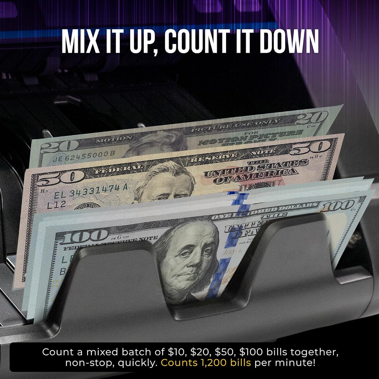 KOLIBRI Money Counter Machine, Domino Mixed Value Cash | 2 CIS UV/MG IR/MT SN/DV IRT Fake Detections Money Counting Machine | 3-Year Warranty (US Tech Support)