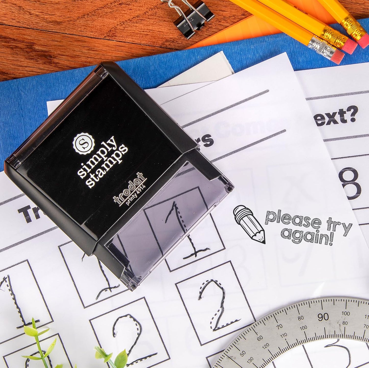 Custom Self-Inking Teacher Stamps | 49 Designs | Fun Phrases | Grading Made Easy | Classroom, Library and Book Stamps (Please Try Again!, Xtra Wide)