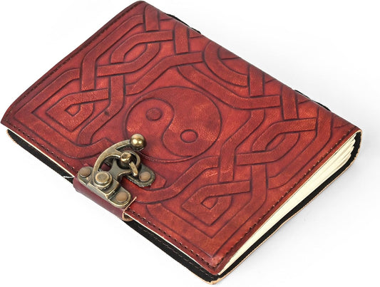 Yin & Yang Vintage Leather Journal with Antique Clasp Lock – 200 White Page Antique Deckle Edge Leather Bound Notebook – 5"X7" Notebook Journal for Writing, Drawing, Home, Office, Travelling (Brown)